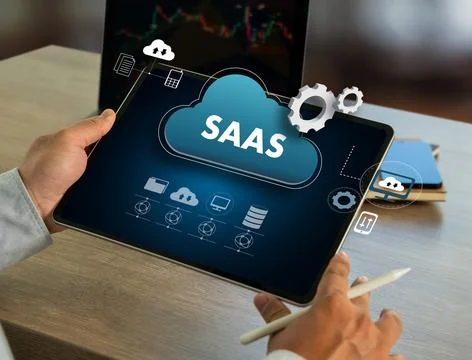 Saas cloud Software as a Service saas Internet and technology man On Deskto.. Stock Photos