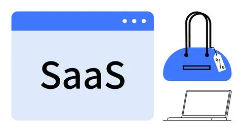 SaaS in computer window, blue shopping bag with tag, and minimalistic laptop. Illustrazione stock