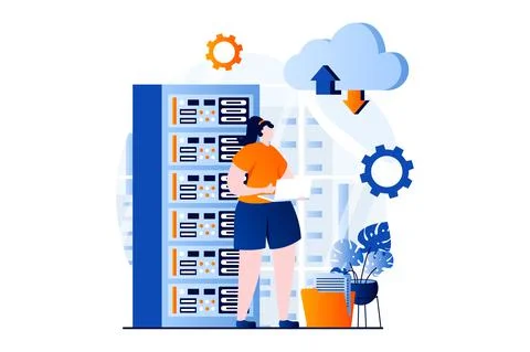 SaaS concept with people scene in flat cartoon design. Woman works with online Illustrazione stock