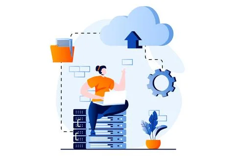SaaS concept with people scene in flat cartoon design. Woman exchanges files and Illustrazione stock