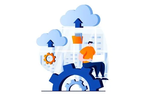SaaS concept with people scene in flat cartoon design. Man uploading files and Stock Illustration