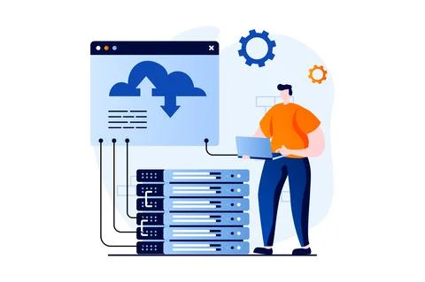 SaaS concept with people scene in flat cartoon design. Man computing using cloud Stock Illustration