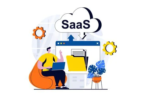 SaaS concept with people scene in flat cartoon design. Man working with Stock Illustration
