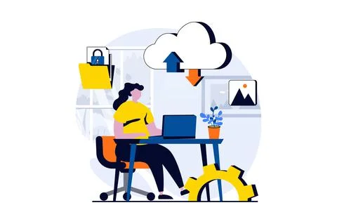 SaaS concept with people scene in flat cartoon design. Woman working with data Stock Illustration