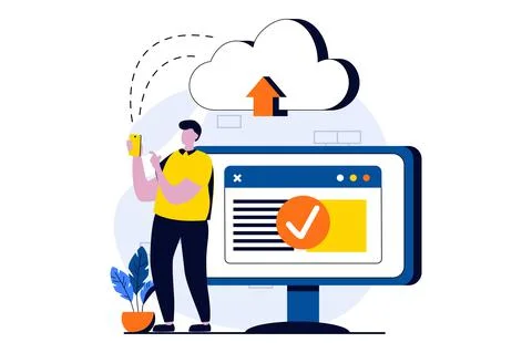 SaaS concept with people scene in flat cartoon design. Man uploading files using Stock Illustration