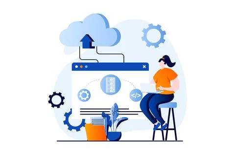 SaaS concept with people scene in flat cartoon design. Woman works on laptop Stock Illustration