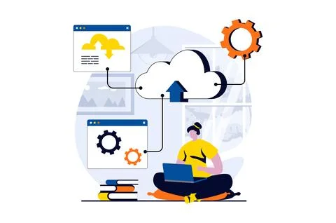 SaaS concept with people scene in flat cartoon design. Woman working with Stock Illustration
