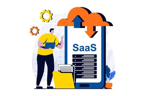 SaaS concept with people scene in flat cartoon design. Man working with Stock Illustration