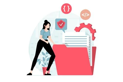 SaaS concept with people scene in flat design. Woman buys software as a servi Stock Illustration