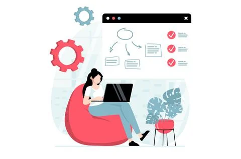 SaaS concept with people scene in flat design. Woman buys software as a servi Stock Illustration