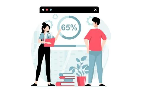 SaaS concept with people scene in flat design. Woman and man work with progra Stock Illustration