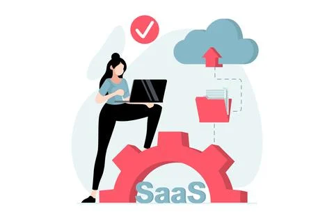 SaaS concept with people scene in flat design. Woman working with software by Stock Illustration