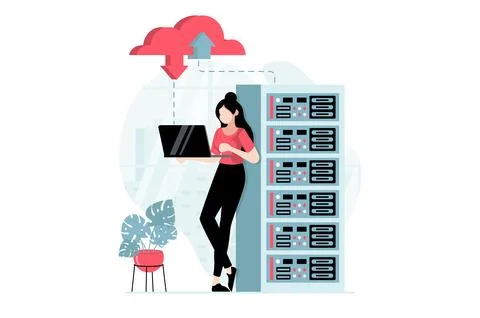 SaaS concept with people scene in flat design. Woman working in server rack.. Stock Illustration