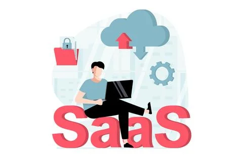 SaaS concept with people scene in flat design. Man working with files cloud.. Stock Illustration