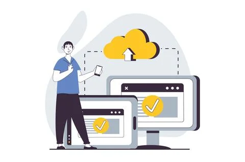 SaaS concept with people scene in flat design for web. Man using program on.. Illustrazione stock