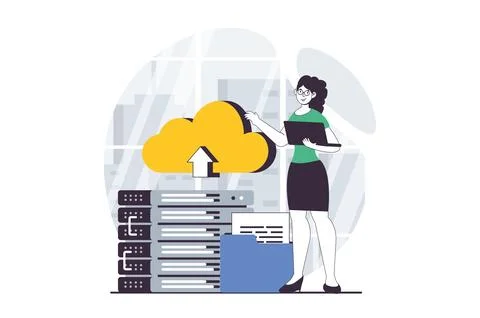 SaaS concept with people scene in flat design for web. Woman using database.. Stock Illustration