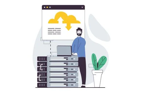 SaaS concept with people scene in flat design for web. Man working with clo.. Stock Illustration