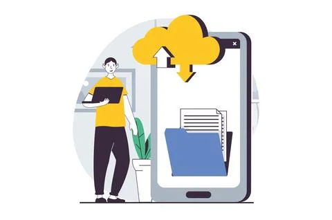 SaaS concept with people scene in flat design for web. Man uploading files .. Stock Illustration