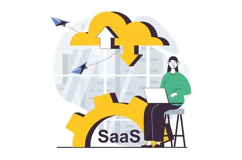SaaS concept with people scene in flat design for web. Woman sync files fro.. Stock Illustration