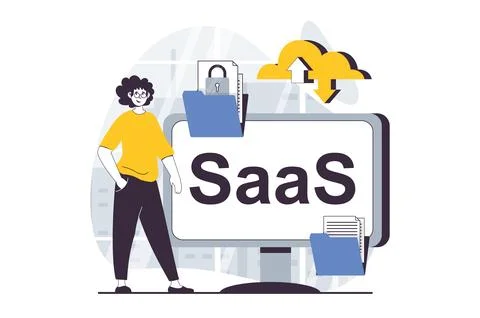 SaaS concept with people scene in flat design for web. Man working with dig.. Stock Illustration