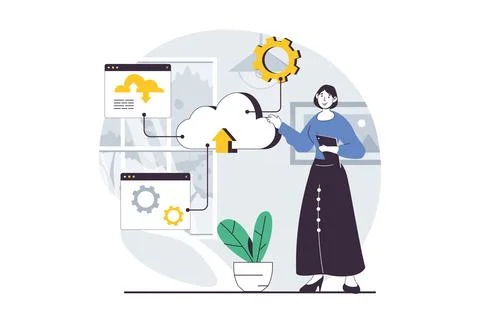 SaaS concept with people scene in flat design for web. Woman doing work tas.. Stock Illustration