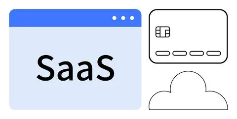 SaaS concept represented by a software window labeled SaaS, a credit card, an Ilustración de archivo