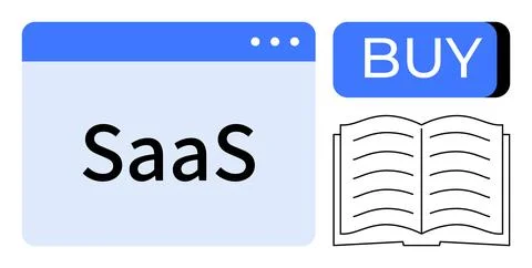 SaaS Concept with Web Browser Window, Buy Button, and Open Book Represents .. Illustrazione stock