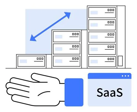 SaaS Growth Concept with Servers, Graph, and Open Hand Symbolizing Support .. Illustrazione stock