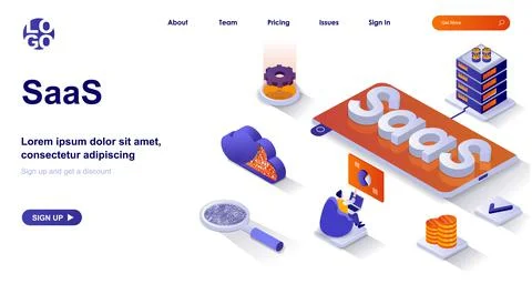 SaaS isometric landing page. Cloud technologies, customer subscription business イラスト素材