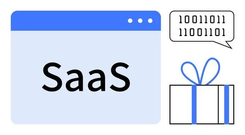 SaaS platform displayed in a browser window, binary code speech bubble, and g Stock Illustration