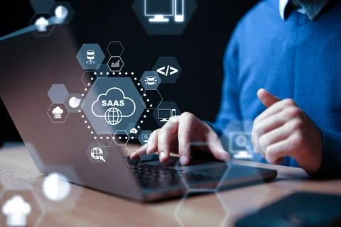 Saas platform use for software development and cloud solutions in an office Stock Photos