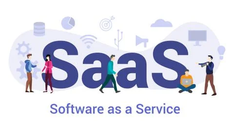 Saas software as a service concept with big word or text and team people with Ilustração Stock