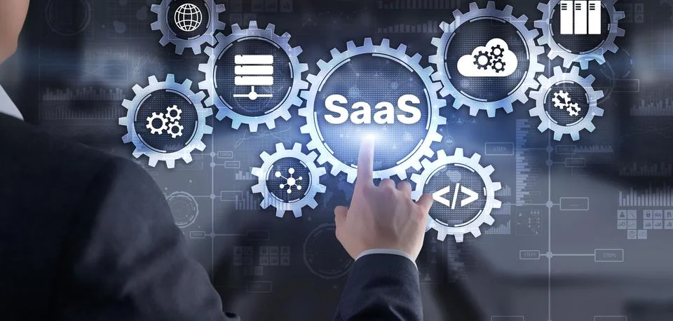 SaaS Software as a Service concept with hand pressing text 스톡 사진