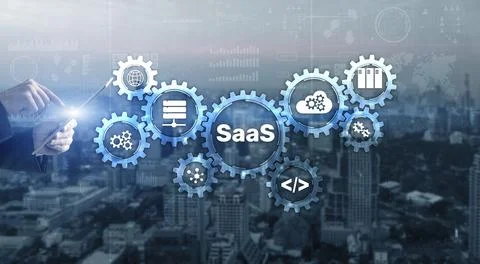 SaaS Software as a Service concept with hand pressing text 스톡 사진