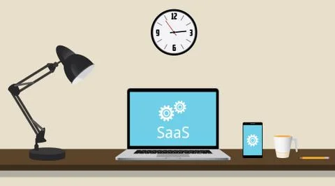 Saas software as a service concept with laptop on the desk and gear vector Stock Illustration