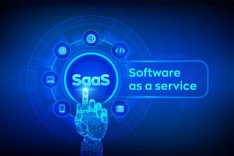 SaaS. Software as a service. Internet and technology concept on virtual scree Illustrazione stock