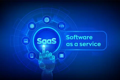 SaaS. Software as a service. Internet and technology concept on virtual scree Illustrazione stock
