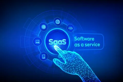 SaaS. Software as a service. Internet and technology concept on virtual scree Illustrazione stock