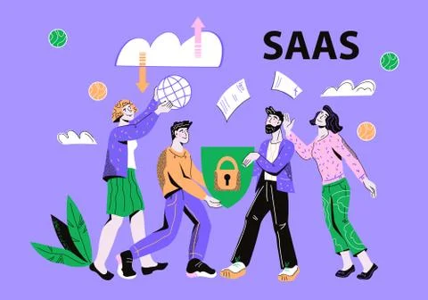 Saas Software as service or on-demand concept with people vector illustration Ilustración de archivo