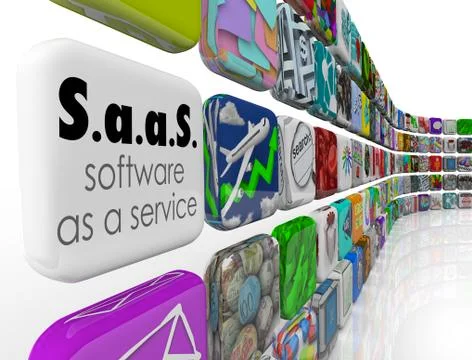 Saas software as a service program app tiles license applications Stock Illustration