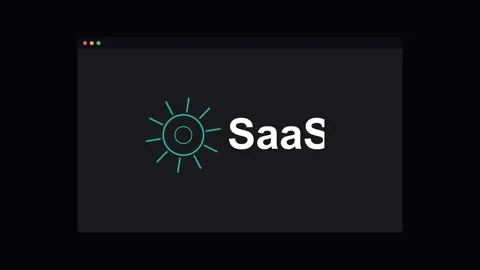 SaaS software as a service text with a rotating neon gear on a dark screen Видео 341493419