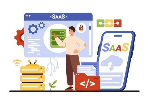 SaaS, software as service, tiny customer working with cross platform for digital Illustrazione stock