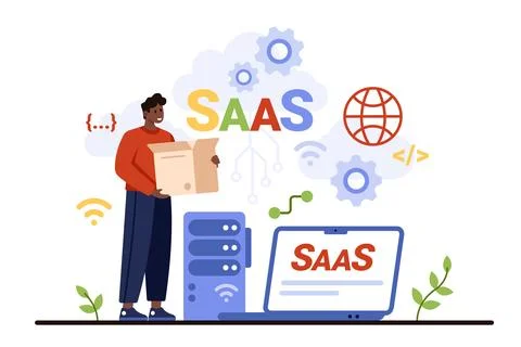 SaaS, software as service, tiny man with digital app box, online subscription Stock Illustration