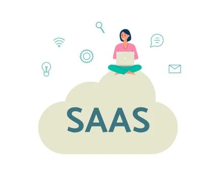 Saas software technology with woman on cloud flat vector illustration isolated. Stock Illustration