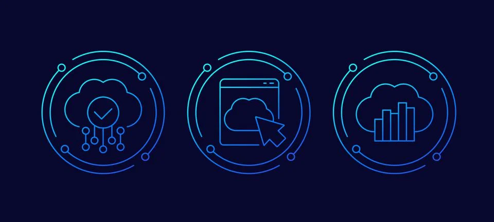 SaaS solutions and cloud services line icons Stock Illustration