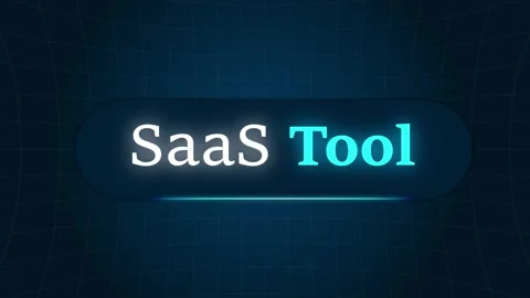 SaaS Tool Text On Futuristic Glowing Button Over Blue Digital Grid Backgroun Stockbeeldmateriaal 332987504
