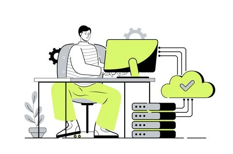 SaaS web concept with flat cartoon people for website design. Man using softw Stock Illustration