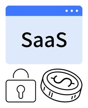 SaaS window with coin and secure lock icons representing software services,.. Stockillustratie