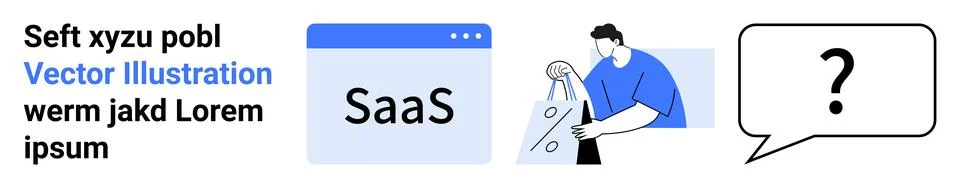 SaaS window, person interacting with data, and question bubble. Ideal for tec Stock Illustration