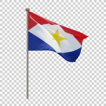 Saba 3d illustration flag on pole. Wood flagpole Illustration